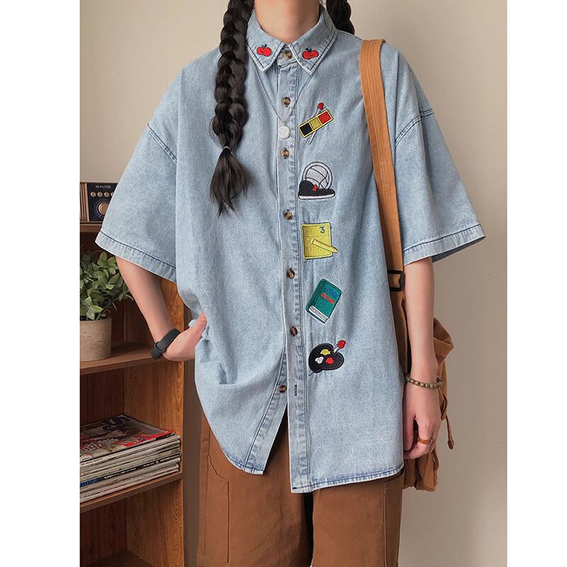 [KKTLL Series]★Shirt★ Embroidered shirt, short sleeve shirt, tops, unisex, men's ML XL denim shirt, cartoon