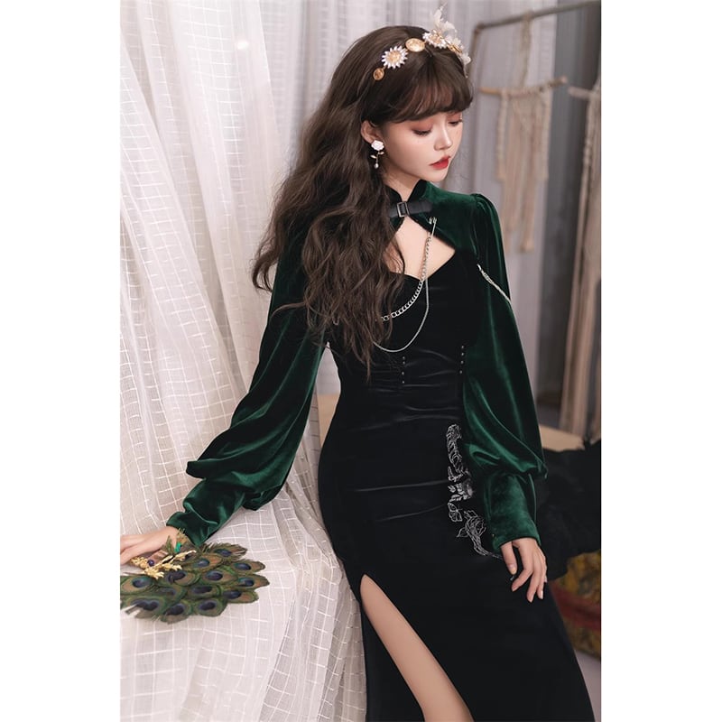 [Kinshu series] ★China style dress★ Cheongsam dress sexy velvet black green