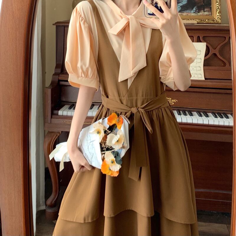 [Dong Xiaojie Series] ★Dress★ Large Size Faux Layered Ribbon Switching Short Sleeve Brown