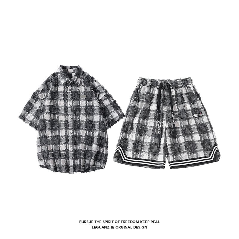 [BIGEMAN Series]★Setup★ Shirt + Shorts 2color Unisex Men's Large Size Plaid Pattern Blue Black Gray