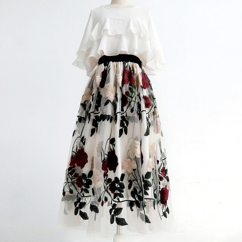 [Komii Series]★China embroidery skirt★Bottoms Lace Floral pattern skirt SML XL 2XL High waist Cute