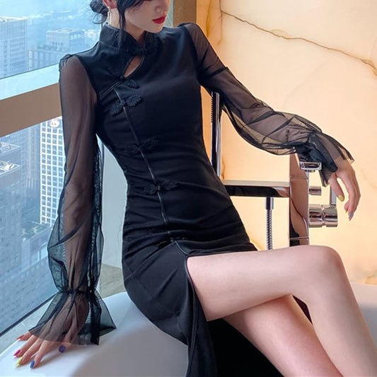 [Sexy Series] ★Long Chinese Dress★ Dress Slit Chinese Clothes Reunion Long Sleeve SML Sexy Black Black Switch