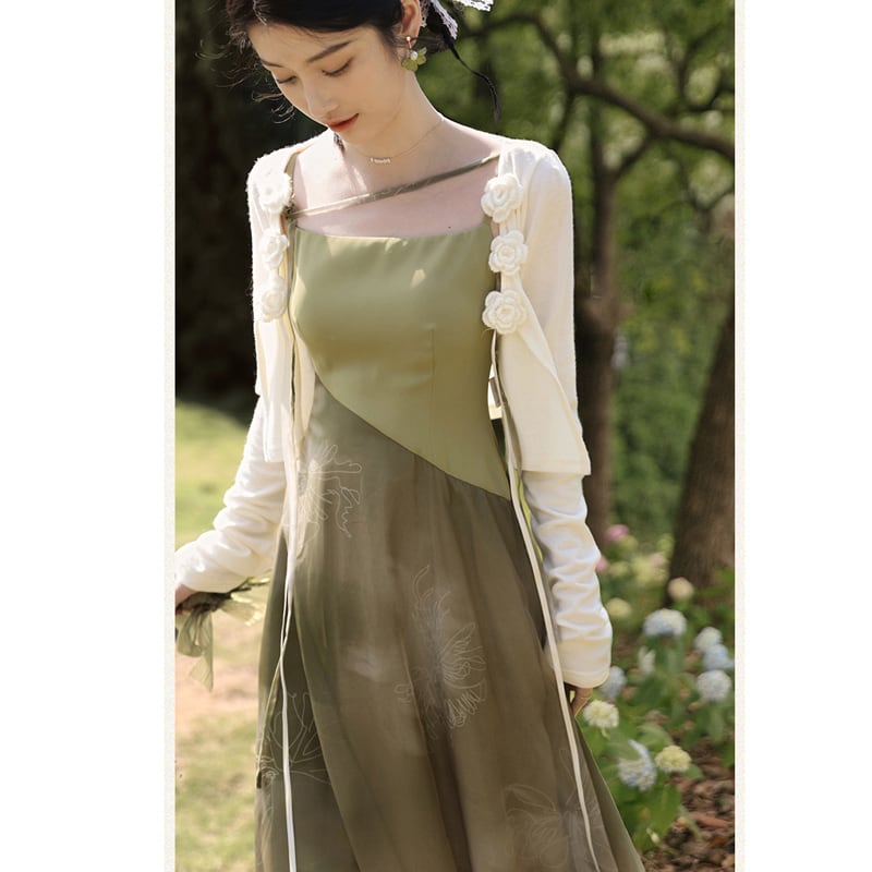 [Az Suna Series]★Setup★ Thin outerwear + hanging dress, Republic style, Green, Improves temperament, Wedding