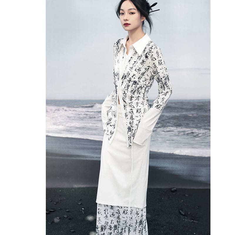 [Da Qinglong Shu Series] ★Chinese Style Shirt★ Tops Letter Pattern Long Sleeve Shirt Chinese Clothes Original White White