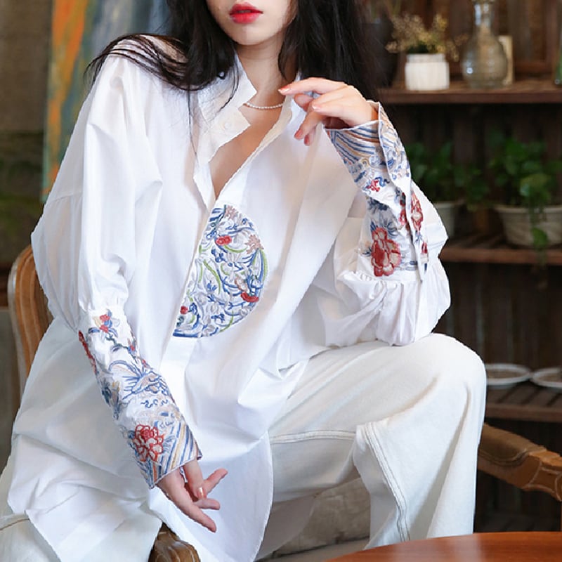 [Yuyukaku Series]★China style shirt★ 2color white or black embroidery ethnic style white black ethnic style large size