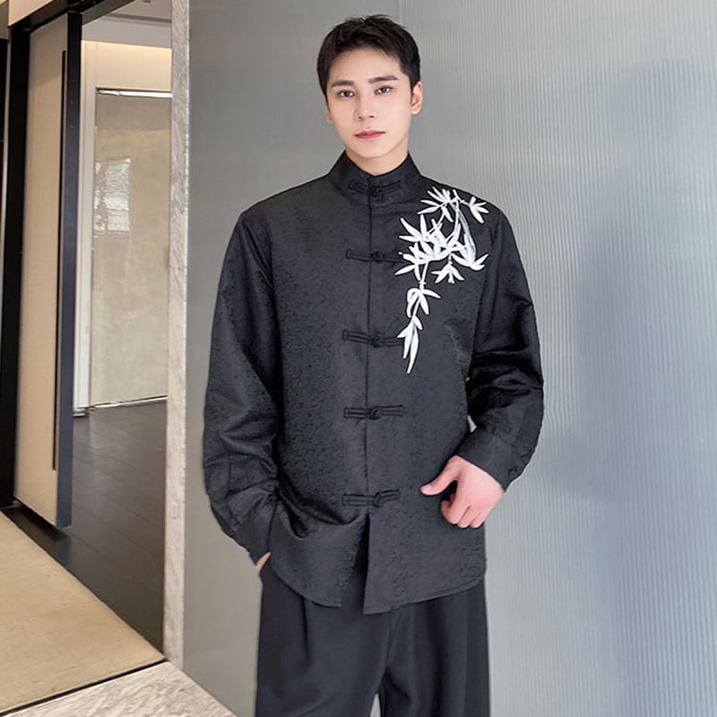 [Illustrated Series]★China Style Shirt★ Embroidery Bamboo Bamboo Embroidery Tops Long Sleeve Shirt Unisex Men's Black Black