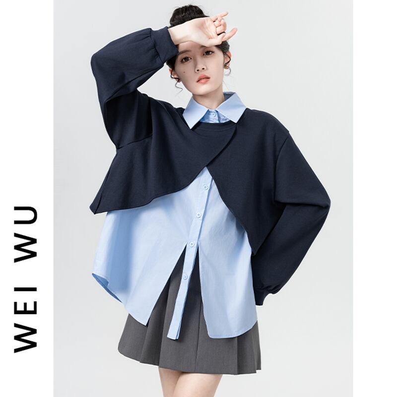 [WEIWU Series]★Tops★ Faux layered POLO neck color scheme fashion loose blue blue