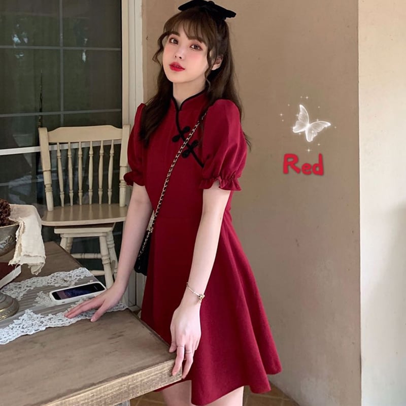 [KEKE Series]★China Dress★ 2color Short Length Date, Graduation Ceremony, Wedding, Slimming Chinese Clothing SML Red Black Short Sleeve