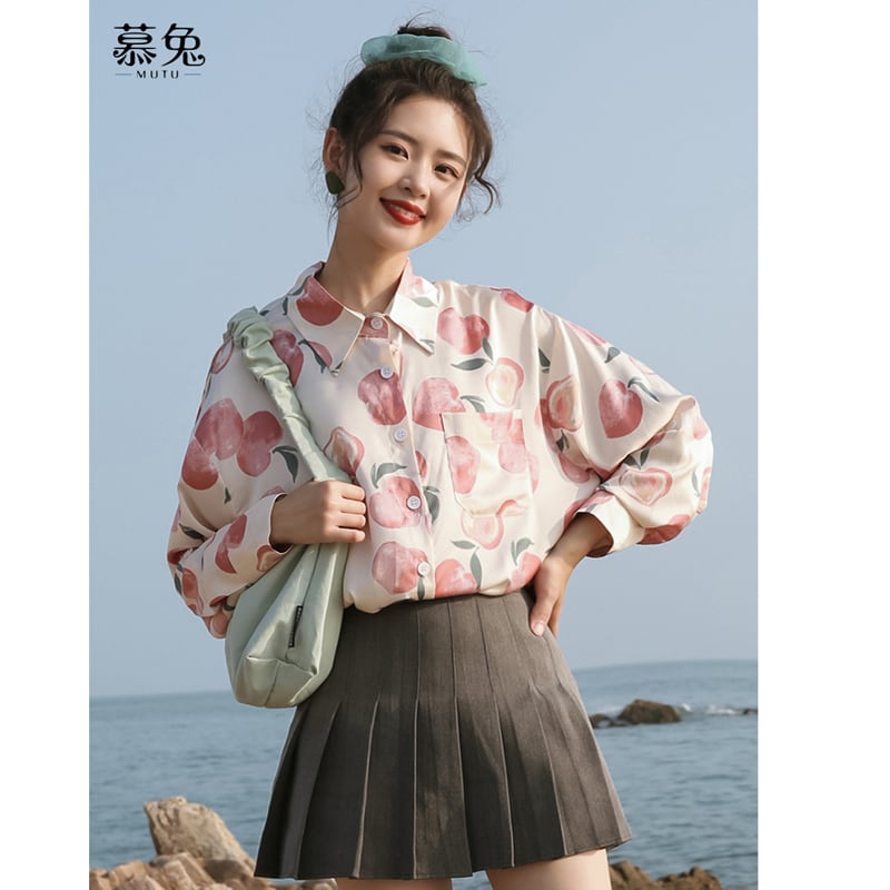 [Love Series]★Shirt★ Tops Peach Cute Youth Print Easy to Match Pink SML Loose Casual