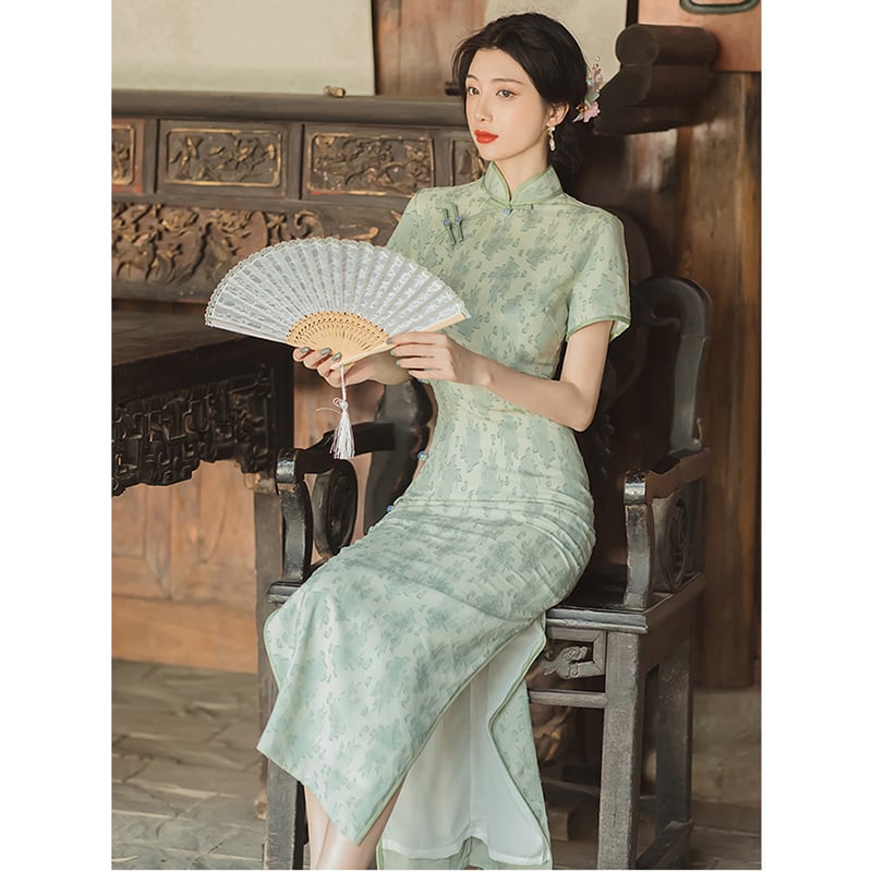 [Queen Series] ★China-style dress★ Improved cheongsam dress Improves temperament Short sleeves Green Green S M L XL