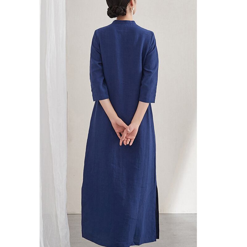 [Poetic Series] ★Chinese style dress★ Chinese clothes, Tang costume, retro, navy, blue, three-quarter sleeves, long length, embroidery, ML, XL