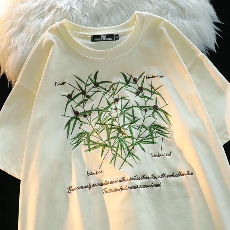 【逃離地球シリーズ】★チャイナ風Tシャツ★ 2color トップス 半袖シャツ 刺繍 竹 男女兼用 メンズ レトロ