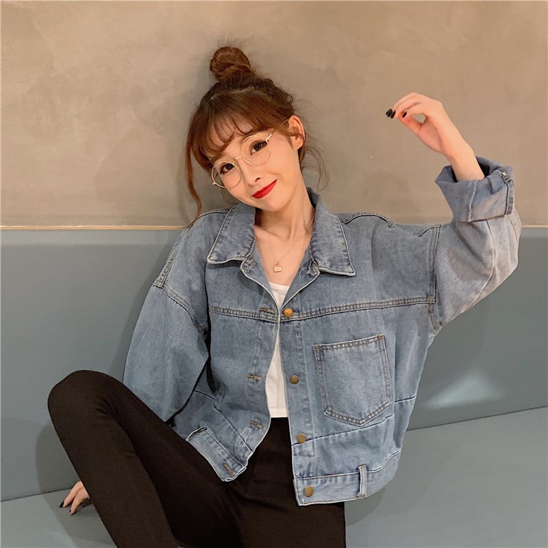 [Mikiko Series]★Denim Jacket★ Outer Jeans Short Length Fashion Easy to Match Blue Blue