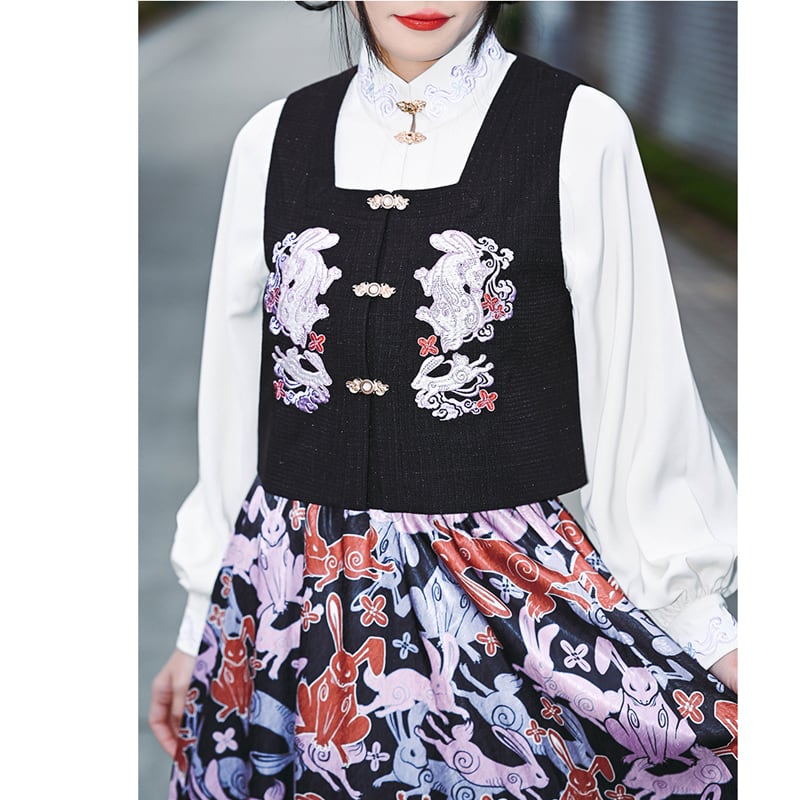 [Old Monster---Rabbit Series] ★China style tops★ Best Original Rabbit Embroidery Black Black Easy to match