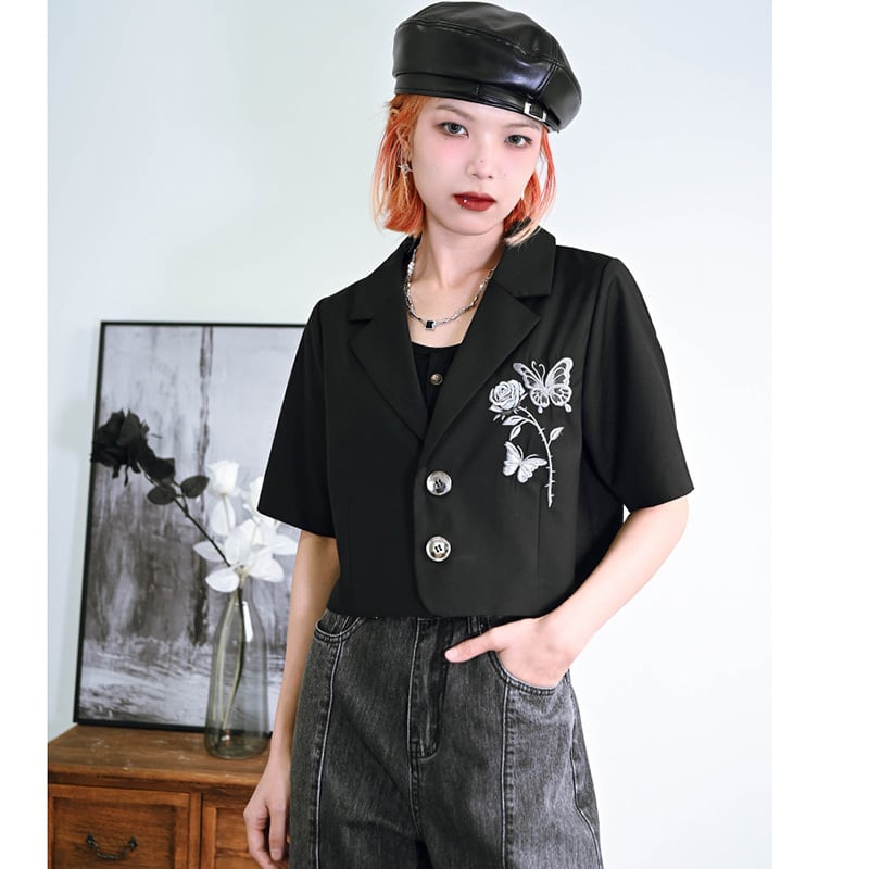 [Ancient monster --- butterfly effect series] ★China style top★ Blazer short sleeve embroidery butterfly short length black black