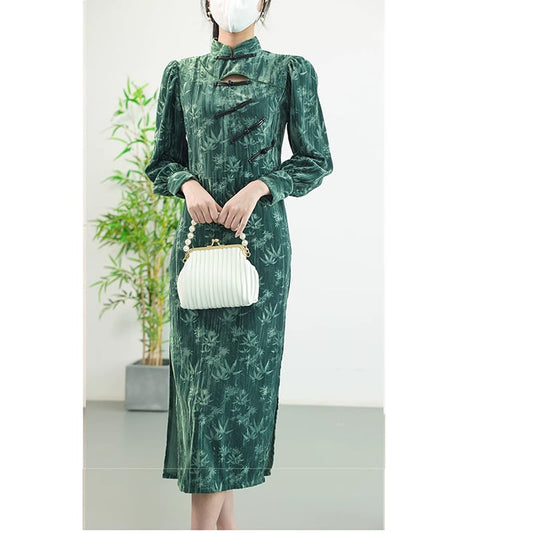 [Daughter Fish Series] ★Cheongsam dress★ Chinese style piece velvet bamboo pattern bamboo green size S~4L