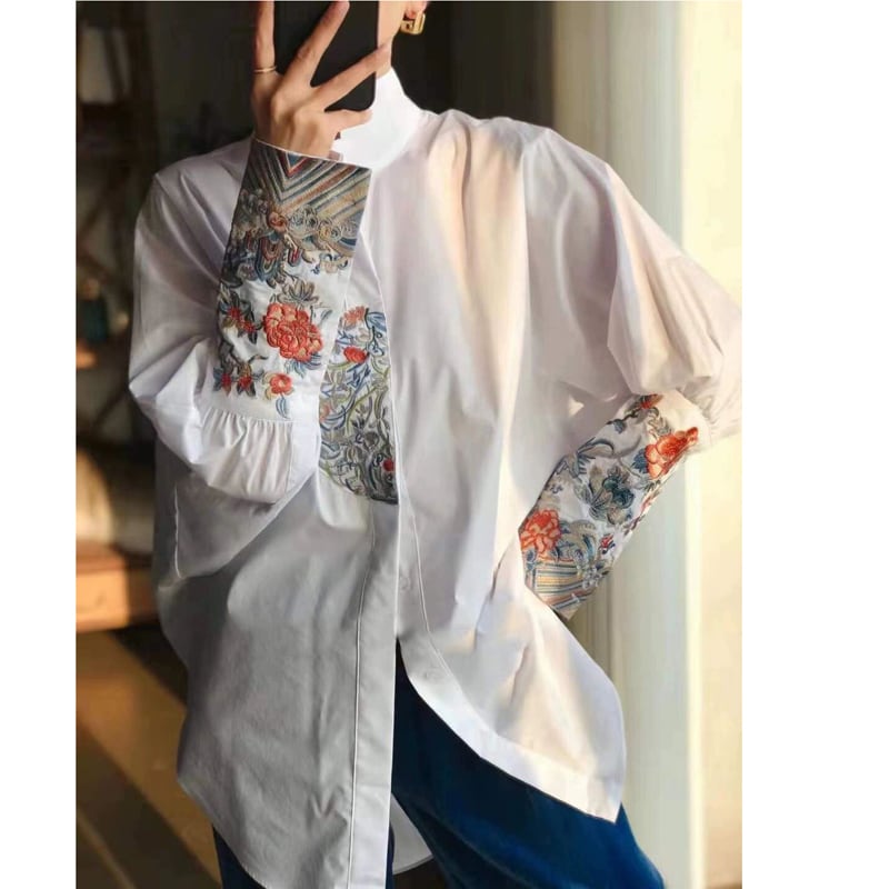 [Yuyukaku Series]★China style shirt★ 2color white or black embroidery ethnic style white black ethnic style large size