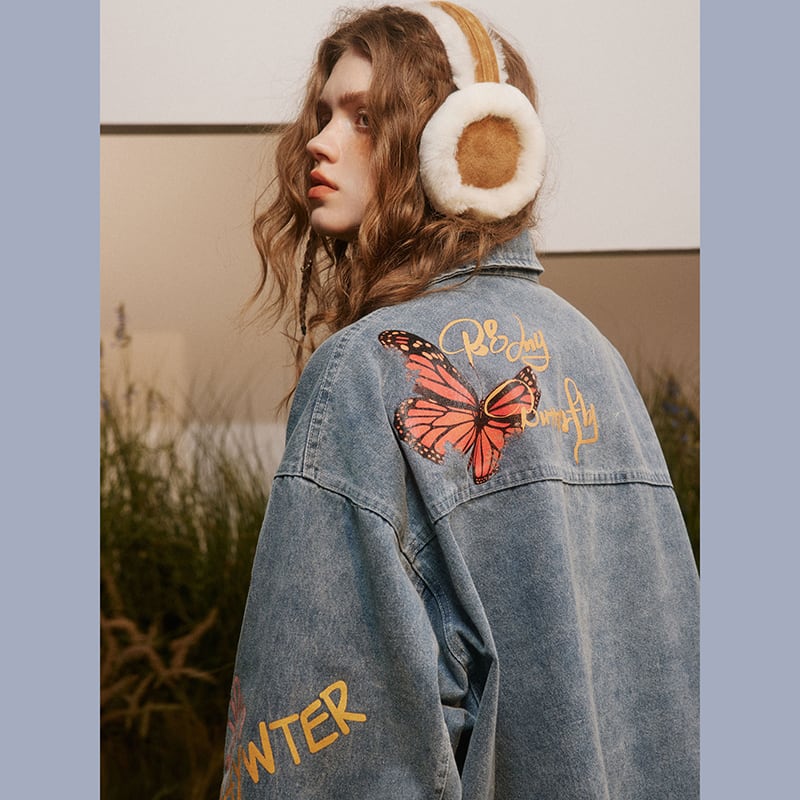 [Satoru Series]★Jacket★ Denim jacket outerwear unisex men's floral pattern butterfly alphabet fashion