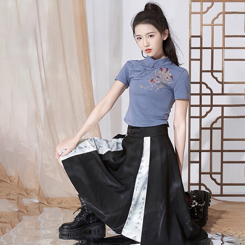 [Kyodo series]★China style skirt★Bottoms Letter pattern switching High waist Black Black S M L XL