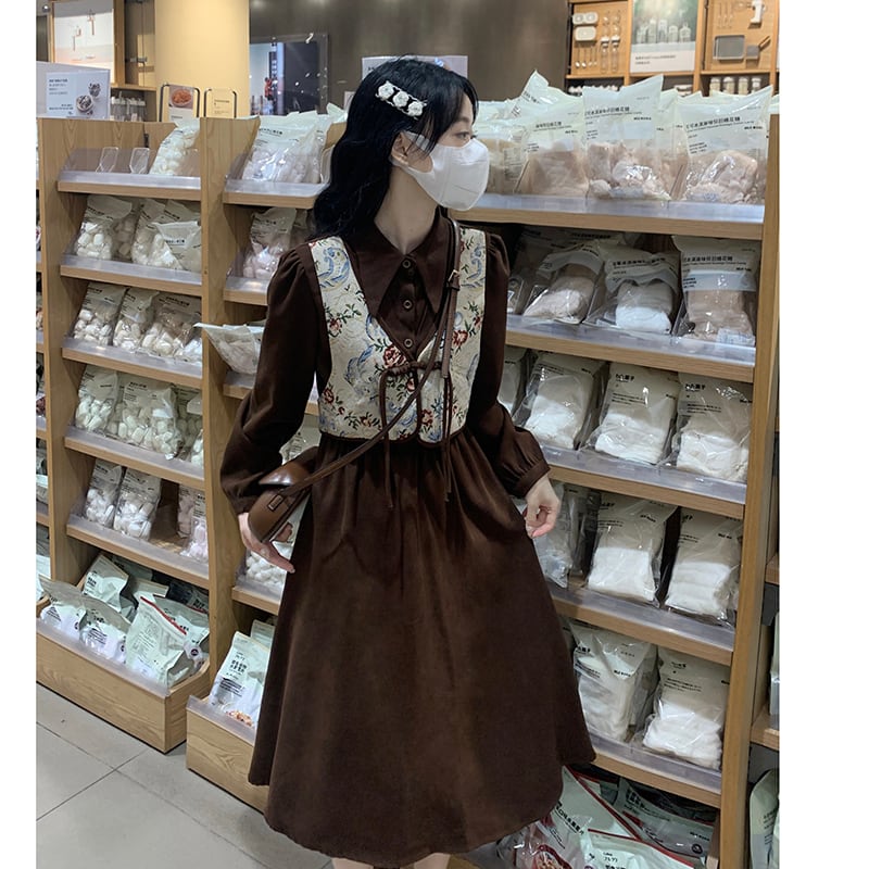 [XIAOMUJIA Series]★China style dress★ 2color long length fake layered floral pattern cute