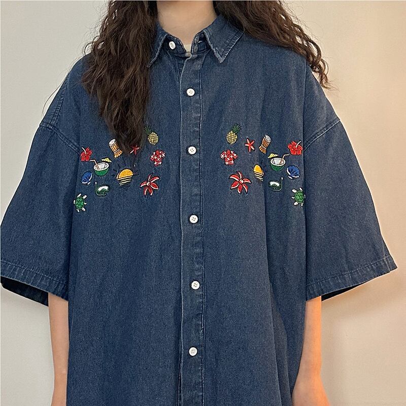 [PUDUN Series]★Denim shirt★ Tops, short sleeve shirt, unisex, men's, unique, embroidery, summer clothes, blue, blue