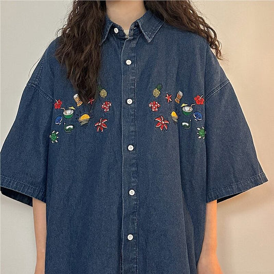 [PUDUN Series]★Denim shirt★ Tops, short sleeve shirt, unisex, men's, unique, embroidery, summer clothes, blue, blue