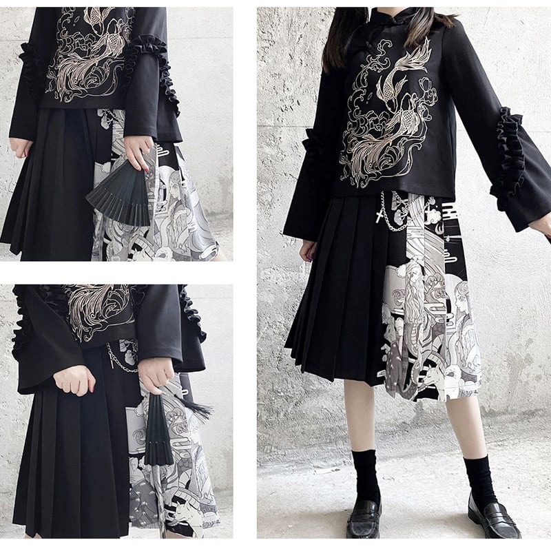 [Kyodo Series] ★China Style Skirt★ China Clothes Pleated Skirt SML LL Print High Waist Black Black