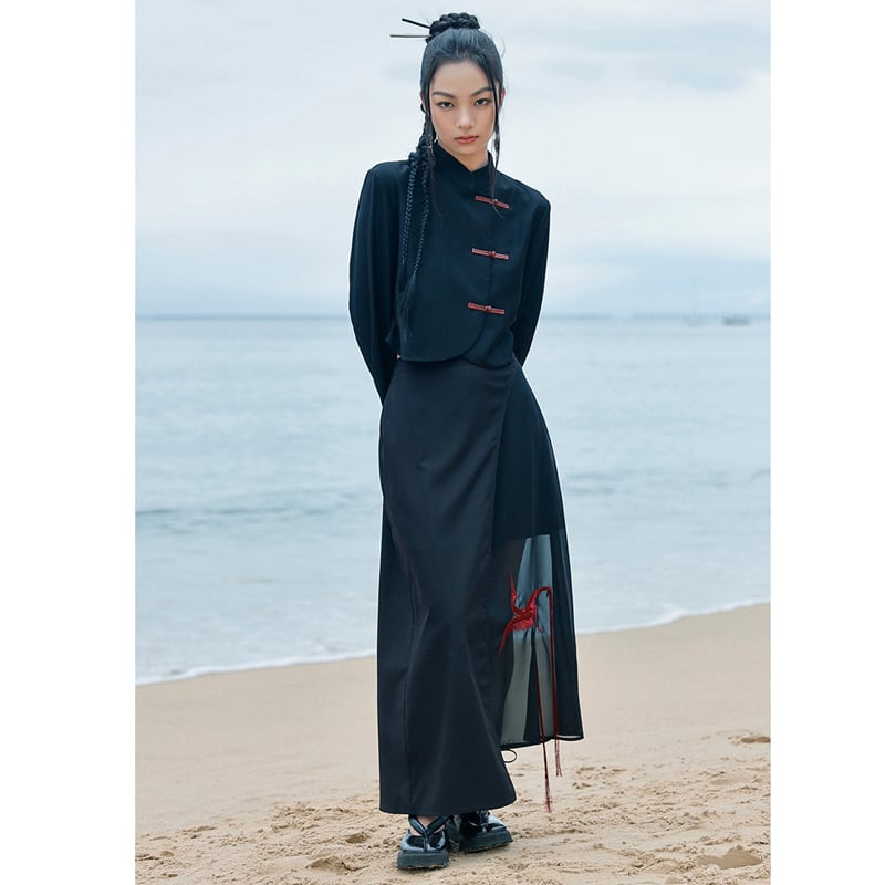 [Daiseiryusu Series] ★China style outerwear★ Tops embroidery black black unique color scheme slimming original