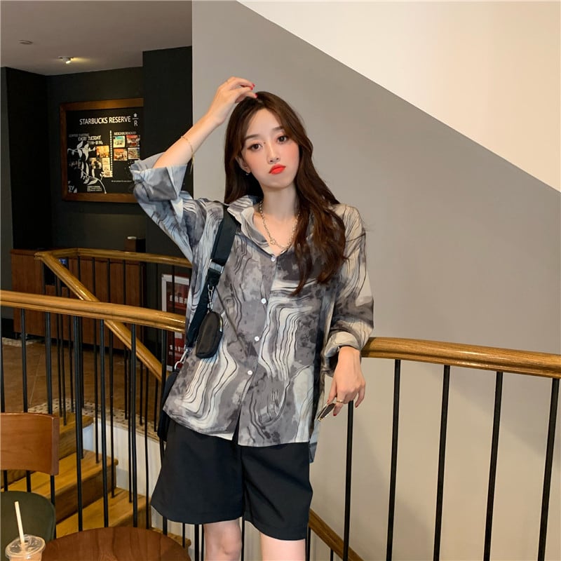 [Koshinke Series]★Shirt★ 2color Tops Floral Print Retro Ink Pattern Thin Spring Clothes Summer Clothes S M L XL