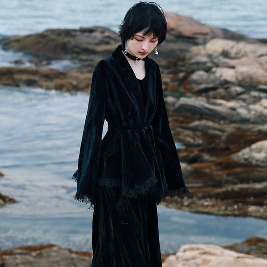 [Da Qinglong Shu Series] ★Chinese style outerwear★ Hanfu outerwear V-neck velvet lace switching loose fitting black black