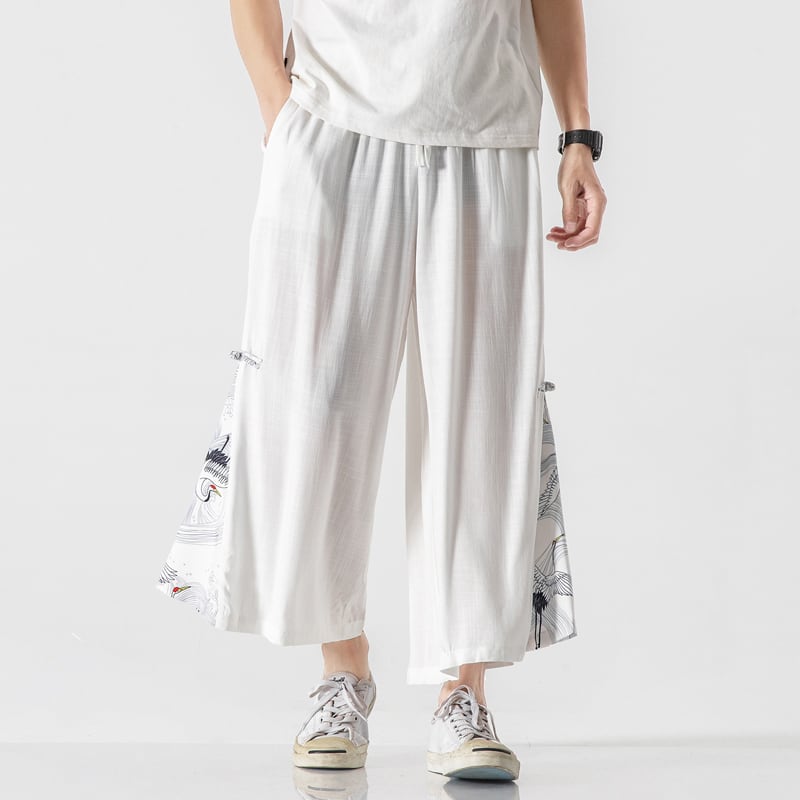 [Mowensai Series]★China style trousers★Men's 3color cotton crane print loose large size black white blue