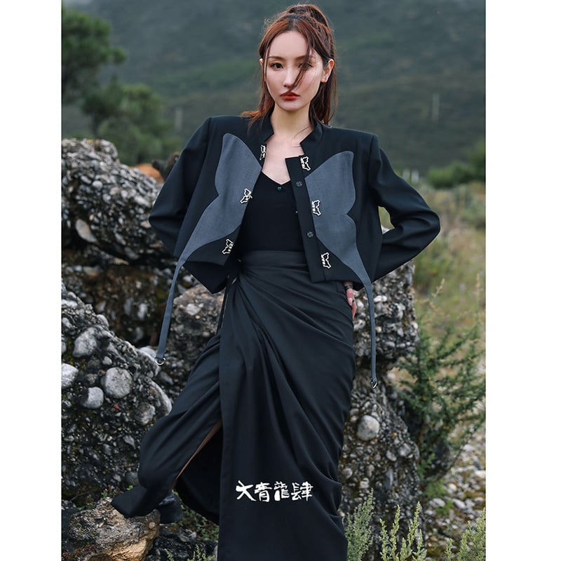 [Big Blue Dragon Series] ★China style outerwear★ Mini length Butterfly design Original black gray color scheme