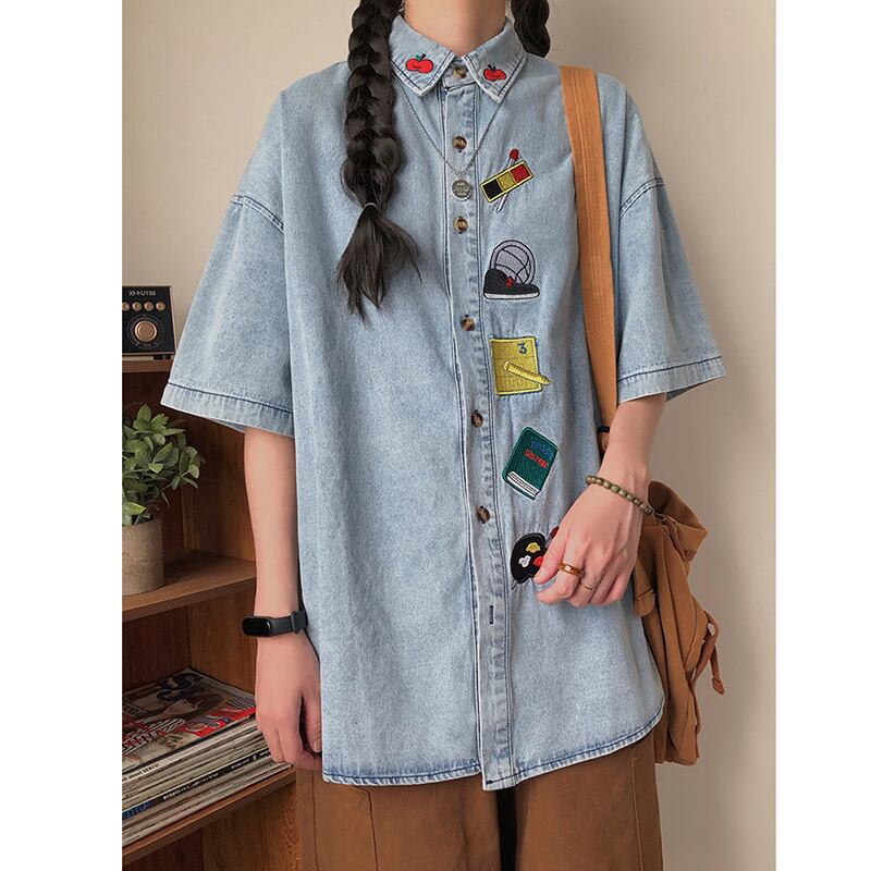 [KKTLL Series]★Shirt★ Embroidered shirt, short sleeve shirt, tops, unisex, men's ML XL denim shirt, cartoon