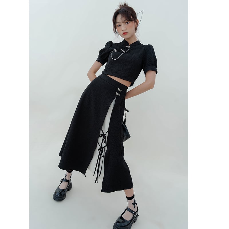 [LOVEHEYNEW Series] ★China style skirt★ Bottoms Slit Color scheme Black Black SML Slimming Easy to match