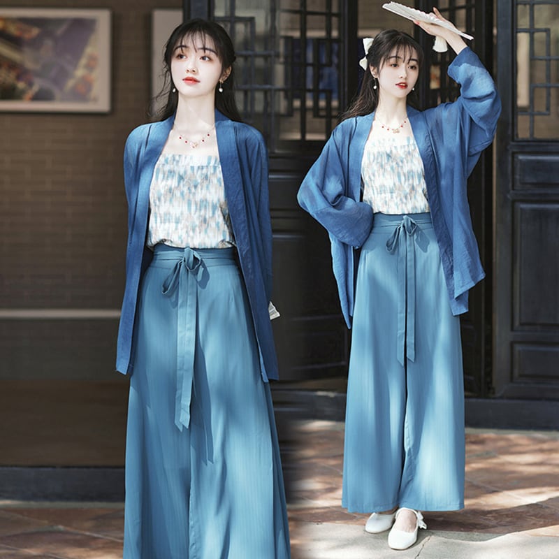 [MINZU Series]★Chinese style setup★ 3-piece set Camisole + Happi coat + Trousers Chinese clothes Blue Blue