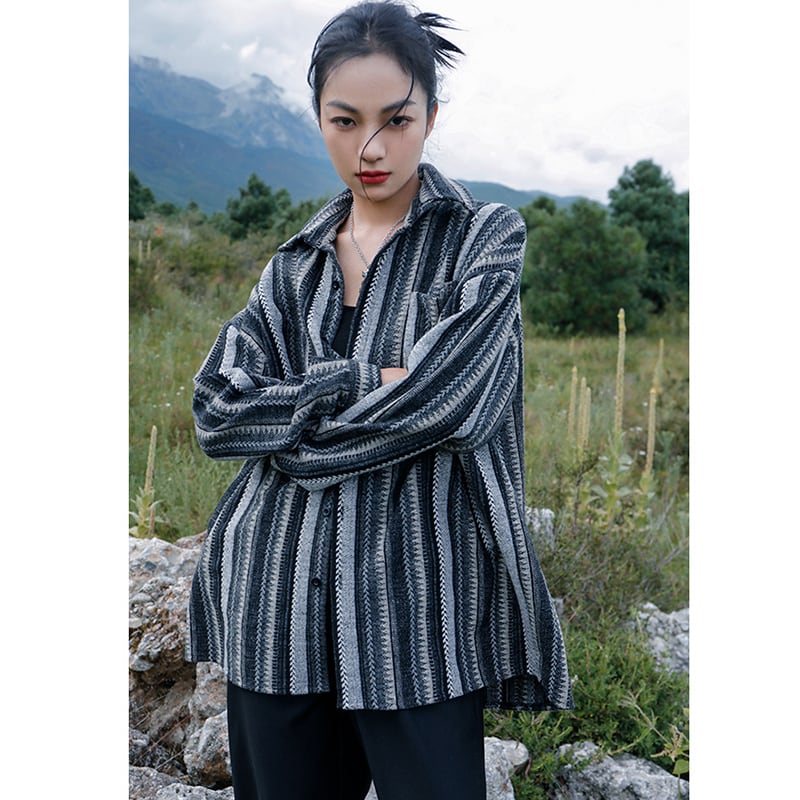 [Big Blue Dragon Series]★China style tops★ Shirt Vertical striped gray retro thick casual loose fitting