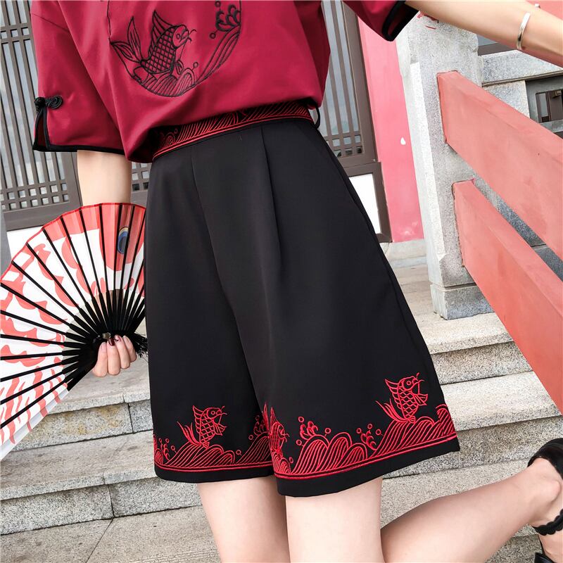 [Chamaru Girl Series]★China style shorts★ Shorts Black Black High Waist A-line Casual