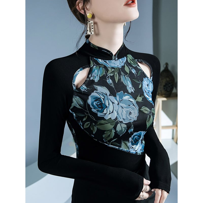 [ZHUOYAN Series]★China style top★ T-shirt, switching, floral pattern, long sleeve, sexy, slim, slimming, easy to match