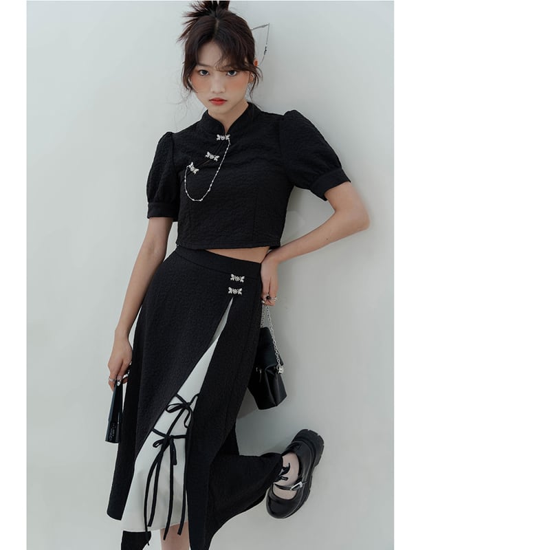 [LOVEHEYNEW Series] ★China style skirt★ Bottoms Slit Color scheme Black Black SML Slimming Easy to match