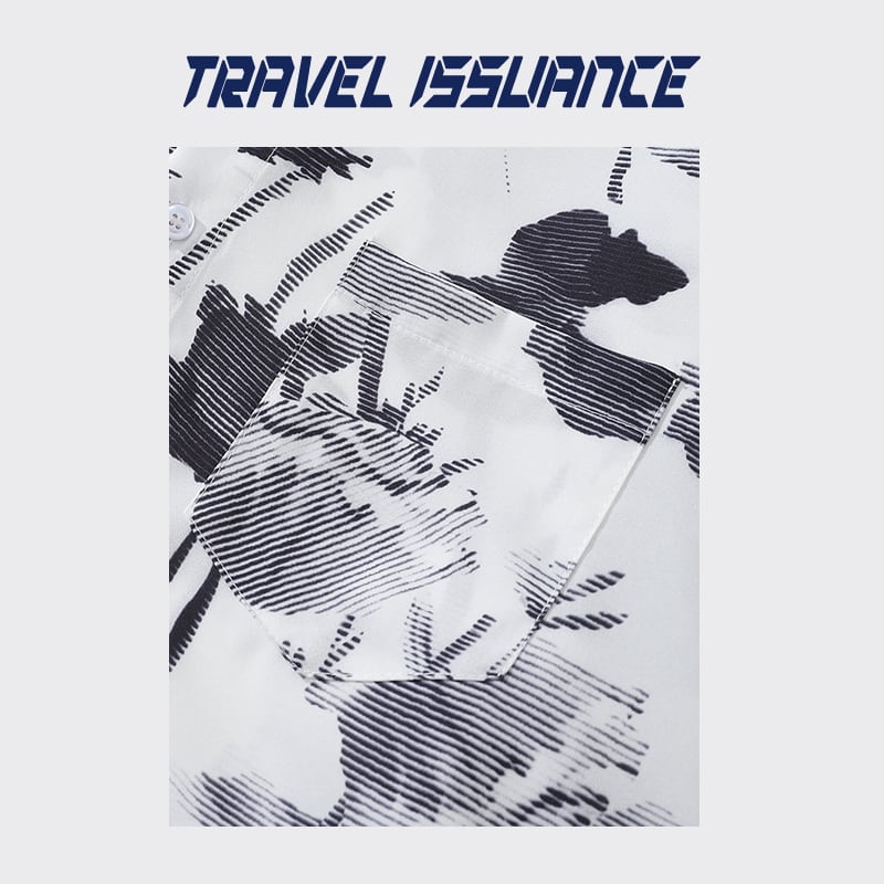 【TRAVEL ISSUANCEシリーズ】★水墨風シャツ★ 長袖シャツ トップス 花柄 黒 白 プリント M L XL 2XL 男女兼用 メンズ