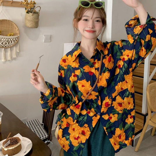 [YOUZI Series]★Shirt★ Tops Oil Painting Style Floral Pattern Sunflower Loose Retro Commuting Date Women's