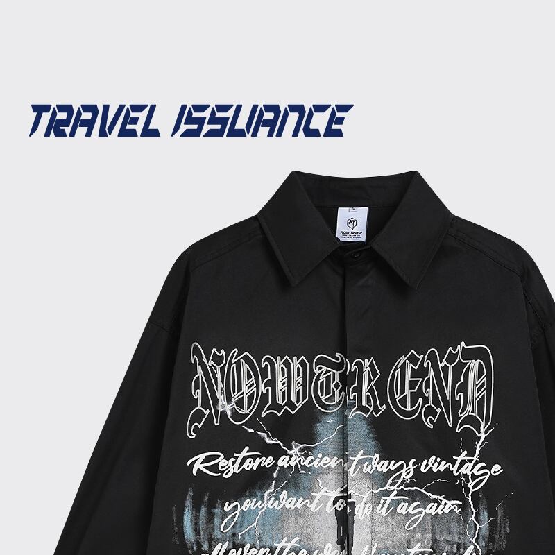 [TRAVEL ISSUANCE Series]★Shirt★ 2color Tops Long Sleeve Shirt Unisex Men's Stylish Black White Print