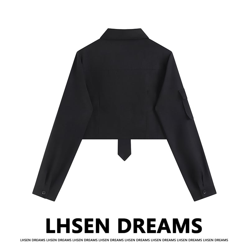 【LHSENシリーズ】★ネクタイ付きシャツ★ 長袖シャツ トップス ミニ丈 かっこいい ブラック 黒い M L XL 2XL