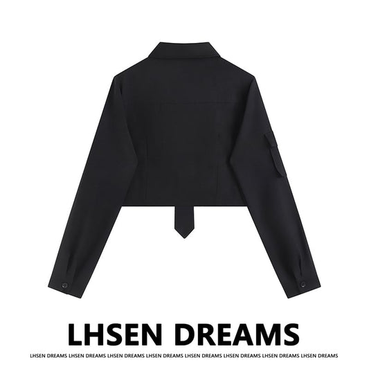 [LHSEN Series]★Shirt with tie★ Long sleeve shirt tops Mini length Cool Black Black ML XL 2XL