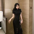 Load image into Gallery viewer, Long Chinese Dress, One Piece, Chinese Clothing, Short Sleeve, SML, Sexy, Slimming, Slit, Black
