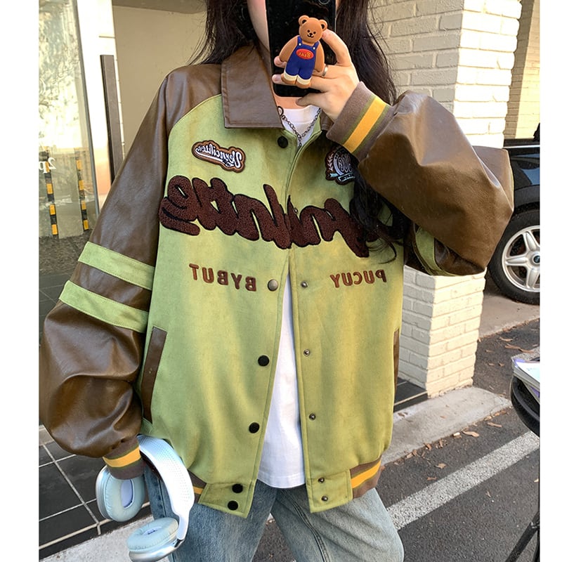 [CHAOLIU Series] ★Stadium Jacket★ 2color Jacket Outerwear Unisex Men's PU Switching Apricot Green