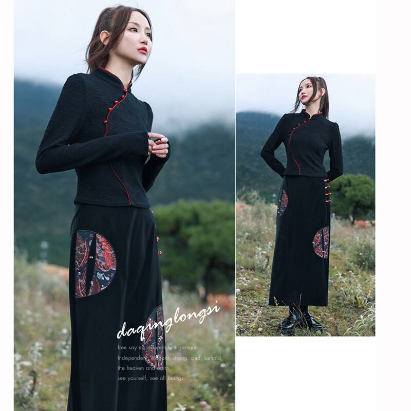 [Da Qinglong Shu Series] ★Chinese style tops★ Color scheme: Slim, slimming, Chinese clothes, original, easy to match, black, black