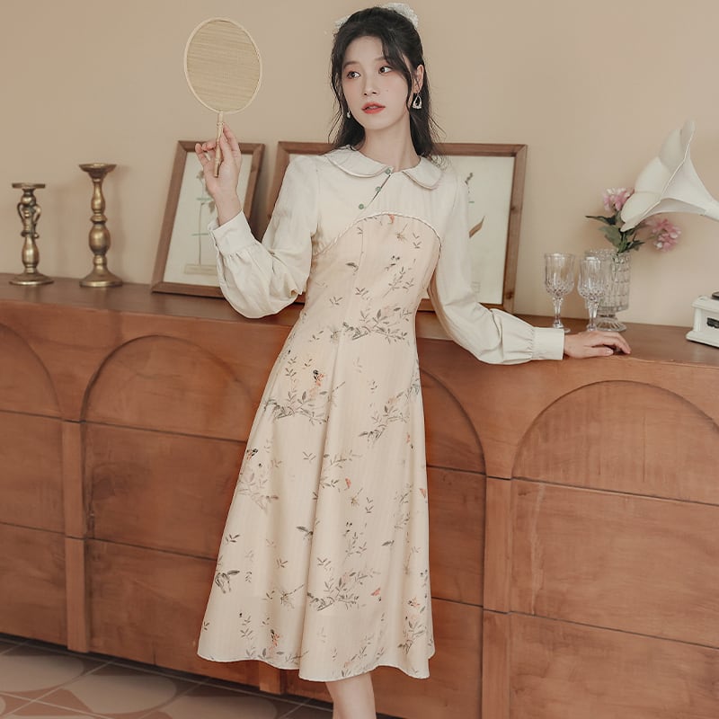 [Encounter series] ★China style dress★ Improved cheongsam dress, floral pattern, date, ethnic style, improves temperament SML