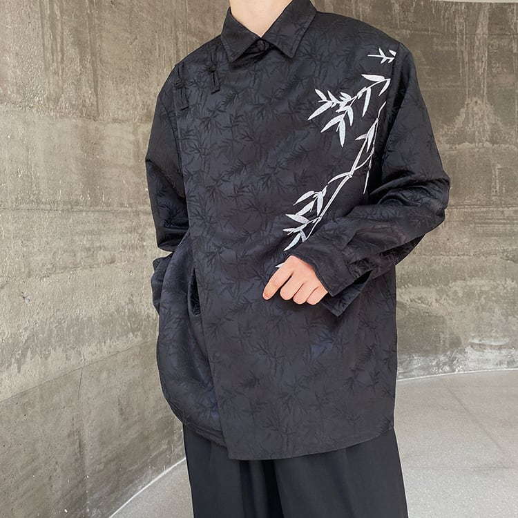 [Illustrated series] ★China style shirt★ 2color tops embroidery bamboo unisex men's black apricot