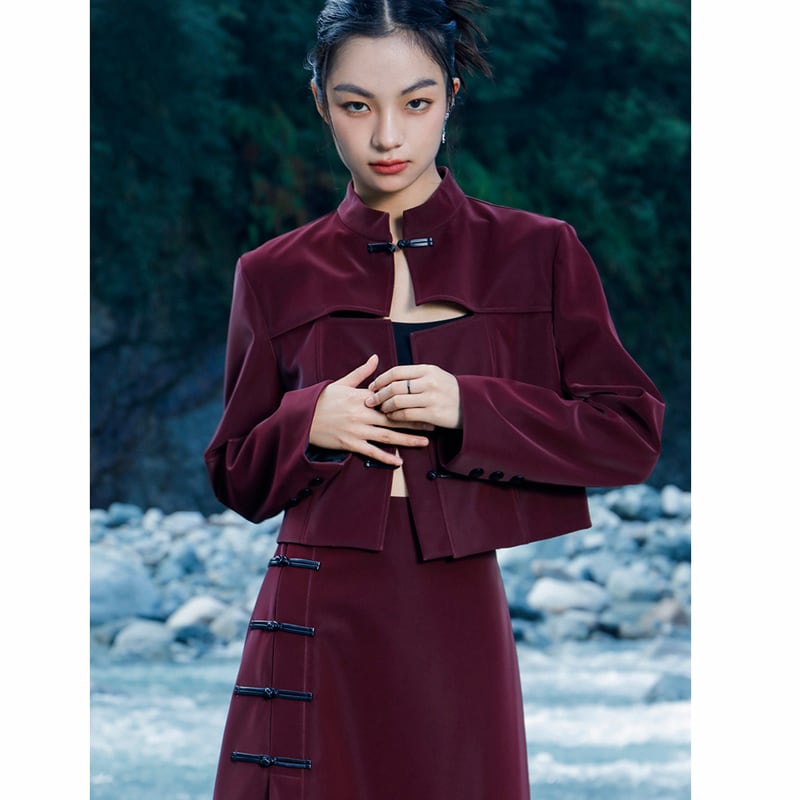 [Big Blue Dragon Series] ★China style outerwear★ PU jacket China button openwork wine red red